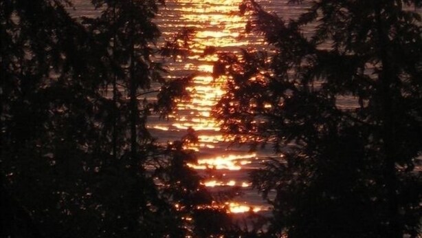 A sunset over a body of water with reflections on the surface. - Charlevoix Cottage: 150ft Lake Michigan Beach, Spectacular Sunsets & Dark Skies. (Charlevoix)
