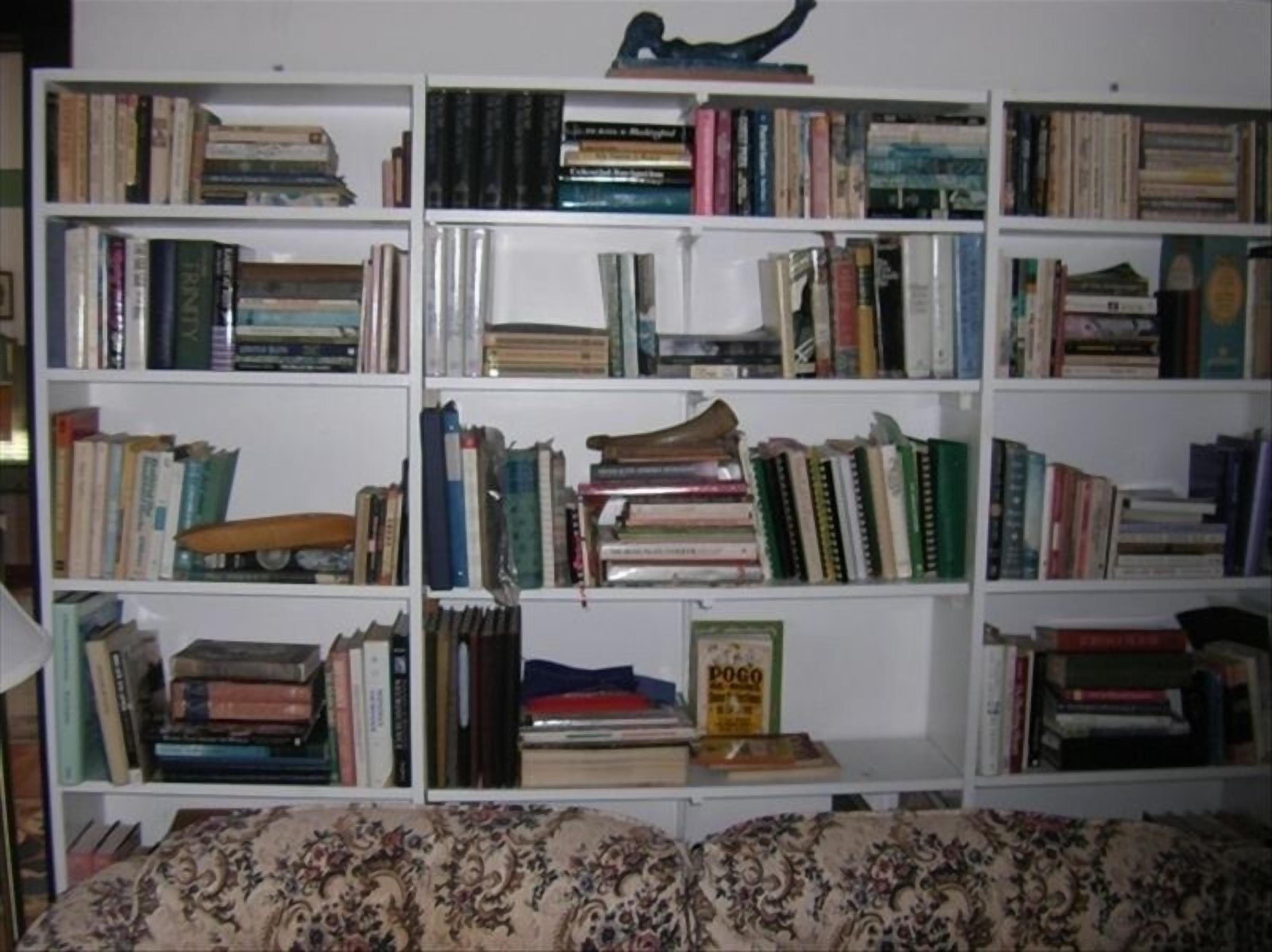 Una estantería llena de libros y un letrero que dice "POGO".