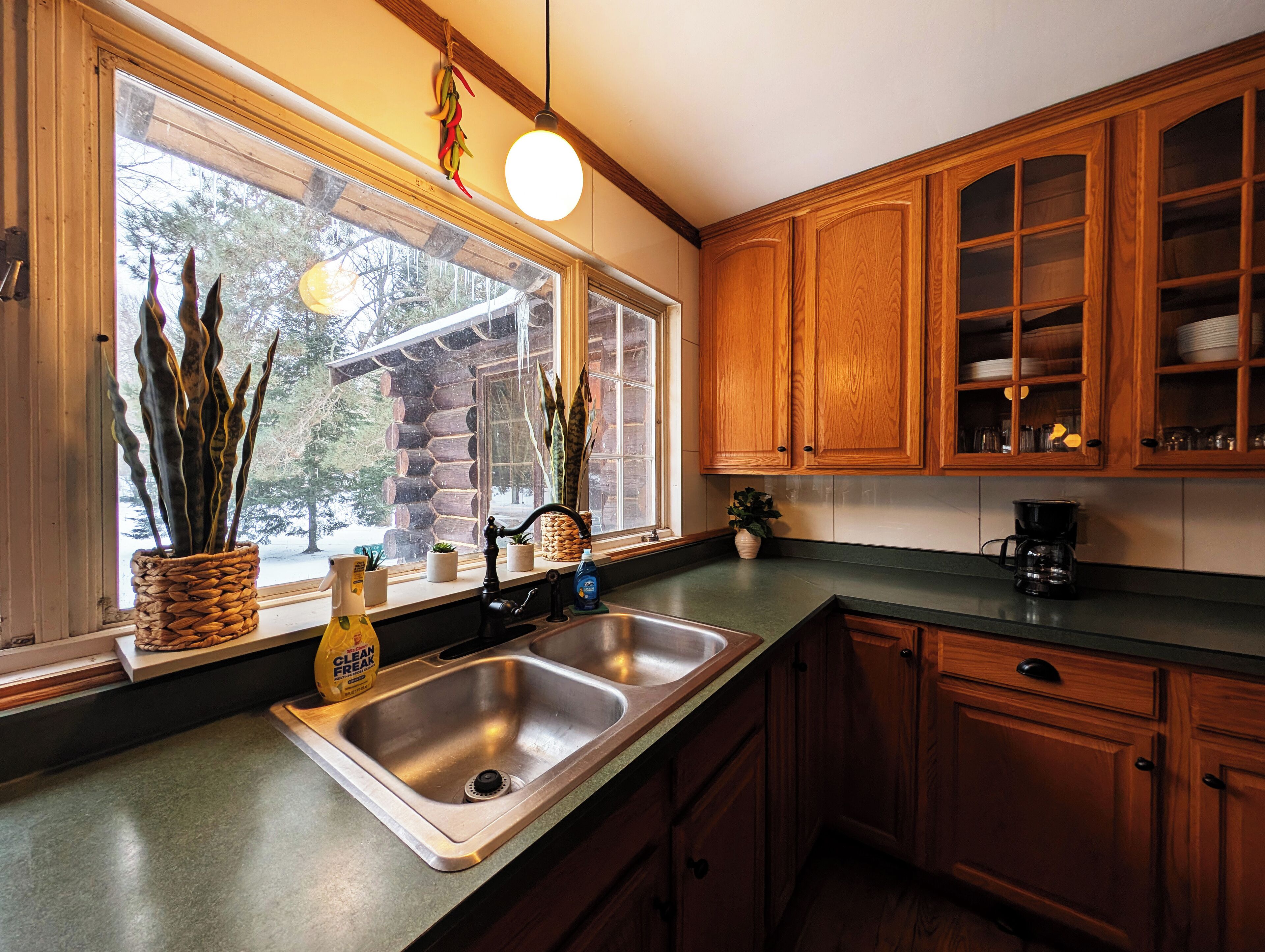 A kitchen with wooden cabinets, a stainless steel sink, and a window with a view of trees.
