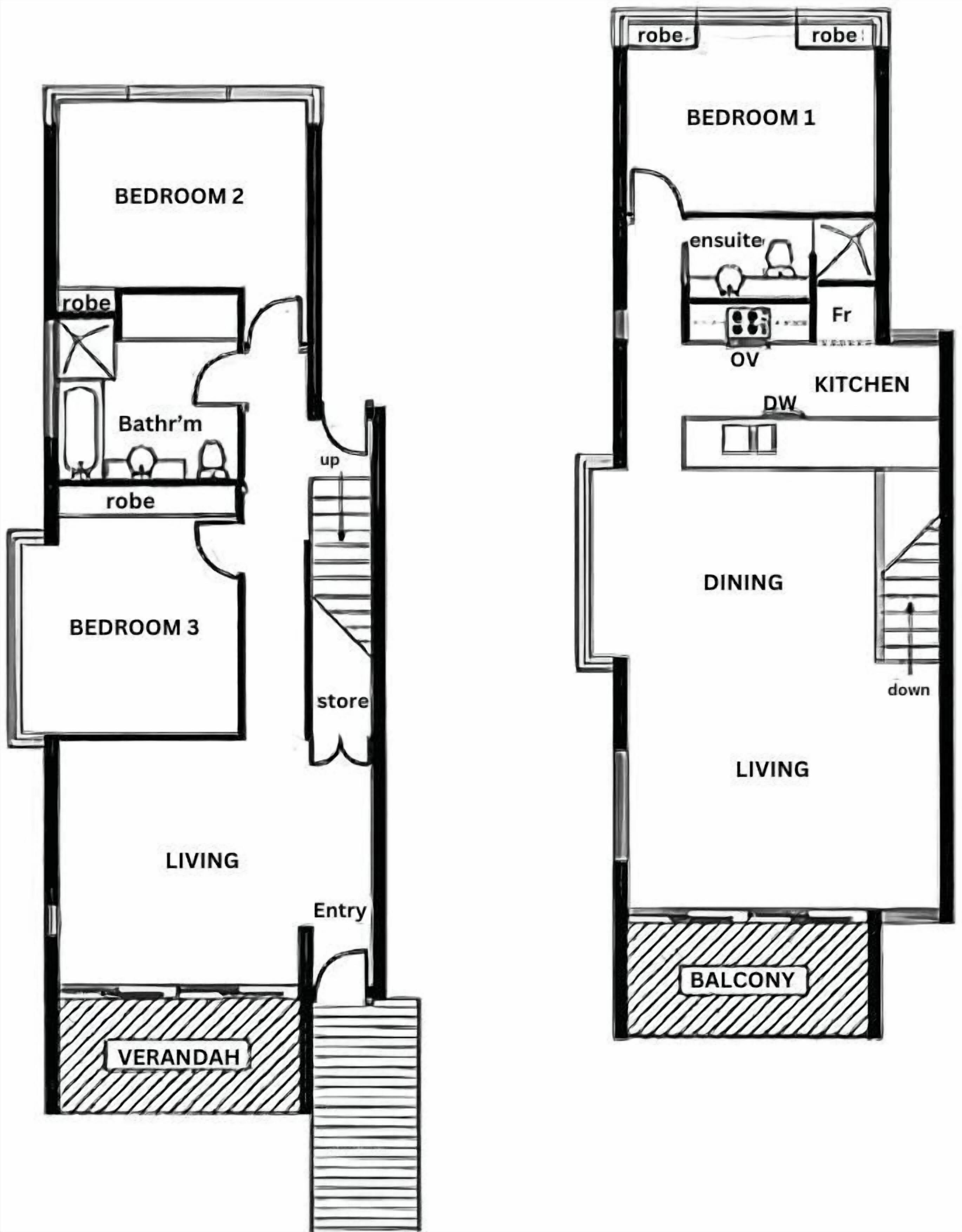 A floor plan with three bedrooms, a living area, a balcony, and a dining area.