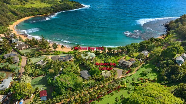 An aerial view of a coastal area with a beach, a golf course, and two properties labeled "Moloaaa Bay Villa" and "Moloaaa Bay Cottage". - Relax & Unwind: Private Beachfront Escape with Stunning Views, Amazing! AC 1328 (Anahola)