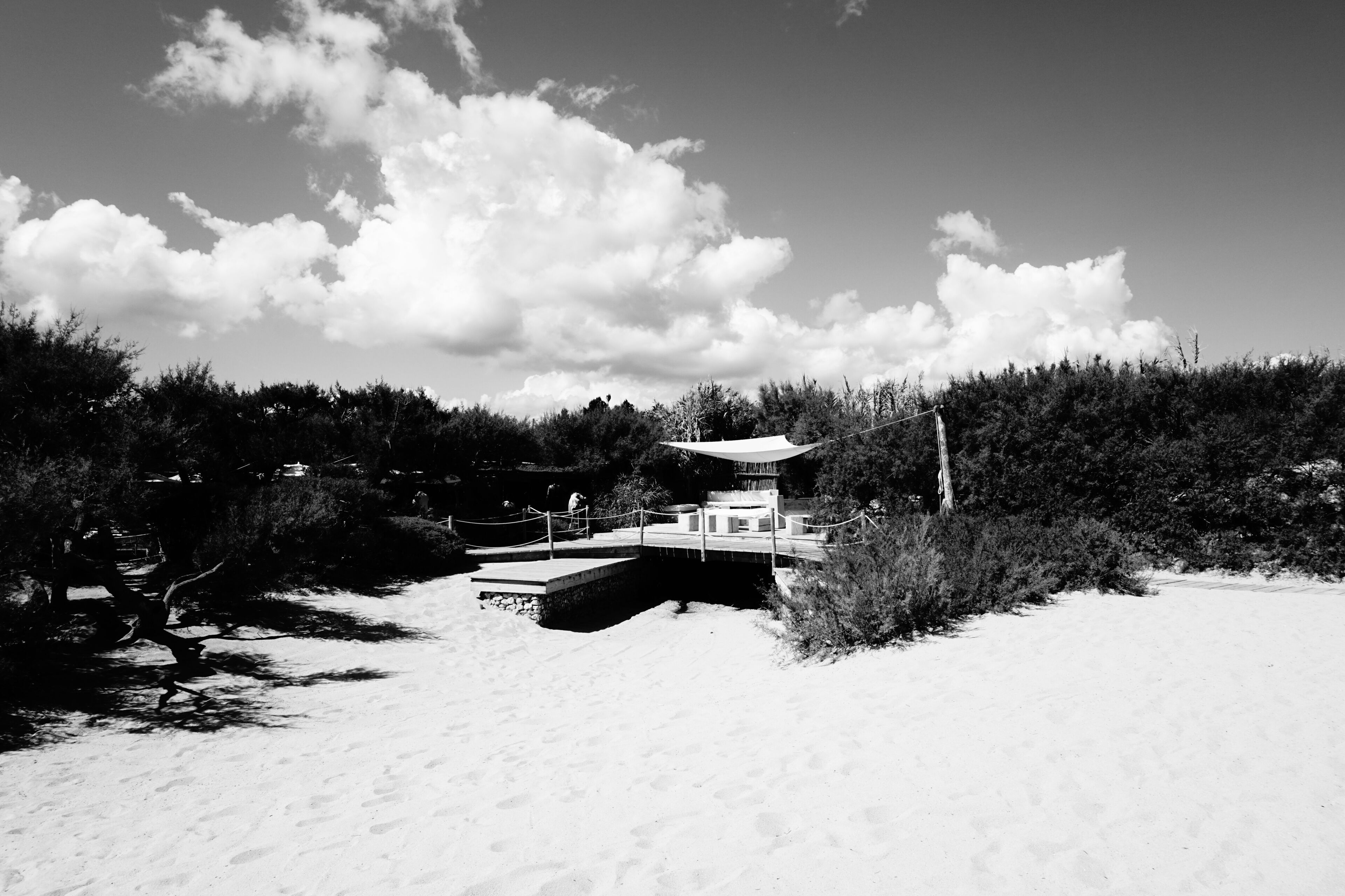 En byggnad vid stranden med ett takförsett sittområde, omgiven av tät vegetation och en sandstrand.