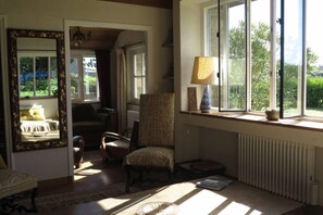 Cheminée, lecteur de DVD, livres, médiathèque