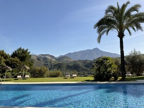 Uma piscina com espreguiçadeiras, uma palmeira e montanhas ao fundo.