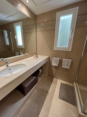 Bathtub, hair dryer, bidet, towels