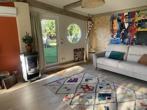 TV connectée, cheminée, livres
