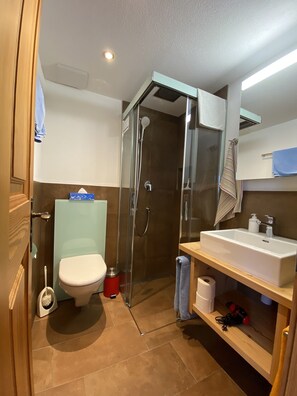 Douche, séchoir à cheveux, serviettes fournies, papier de toilette