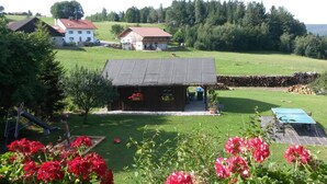 A rural setting with a small wooden structure, possibly a barn or shed, surrounded by a well-maintained lawn and flowering plants.