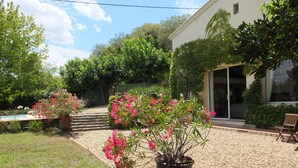 Un jardin agrémenté de plantes en pot et un chemin de gravier menant à un bâtiment.