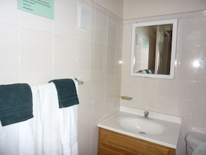 Hair dryer, towels, soap, shampoo