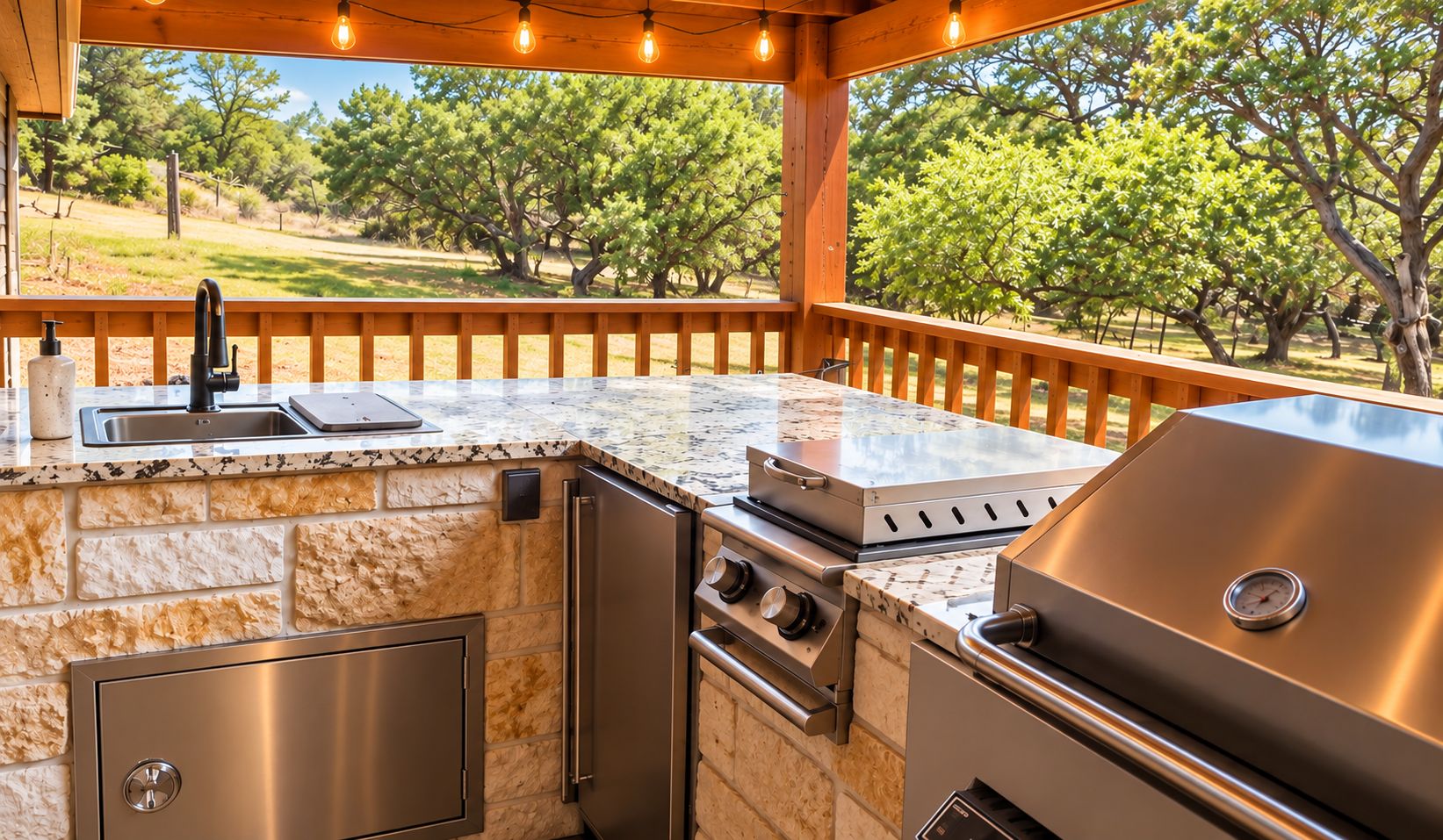 An outdoor kitchen with a stone countertop, stainless steel appliances, and a view of a wooded area.