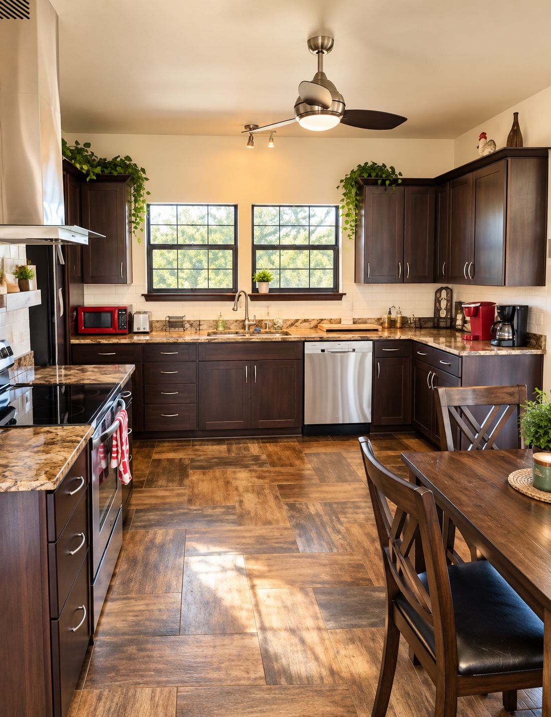 Una cocina con armarios de madera oscura, una campana extractora de acero inoxidable, un microondas, un lavavajillas y una mesa de comedor con sillas.