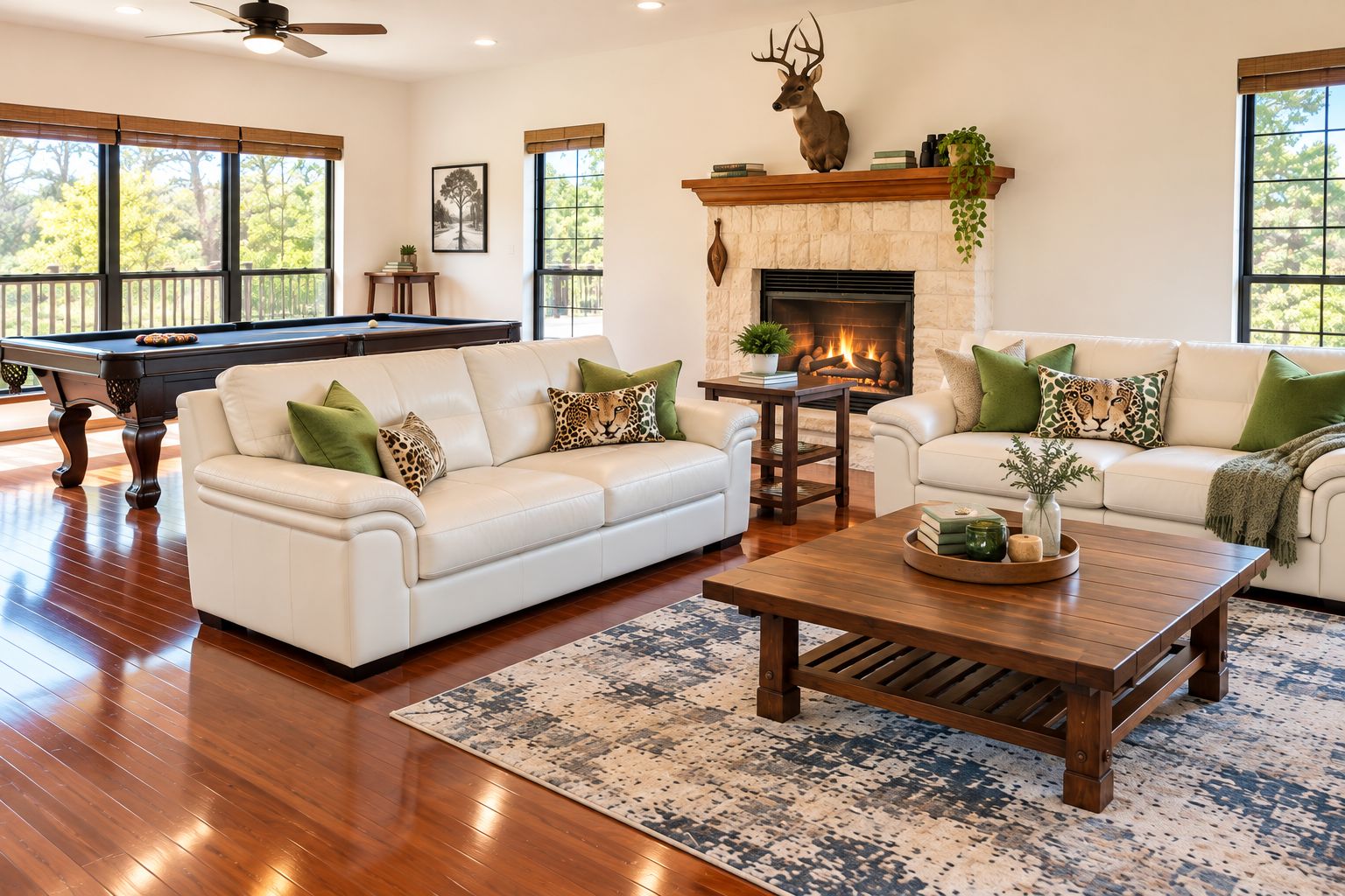 A spacious living room with a pool table, two sofas with decorative pillows, a fireplace, and a large window with a view of trees.