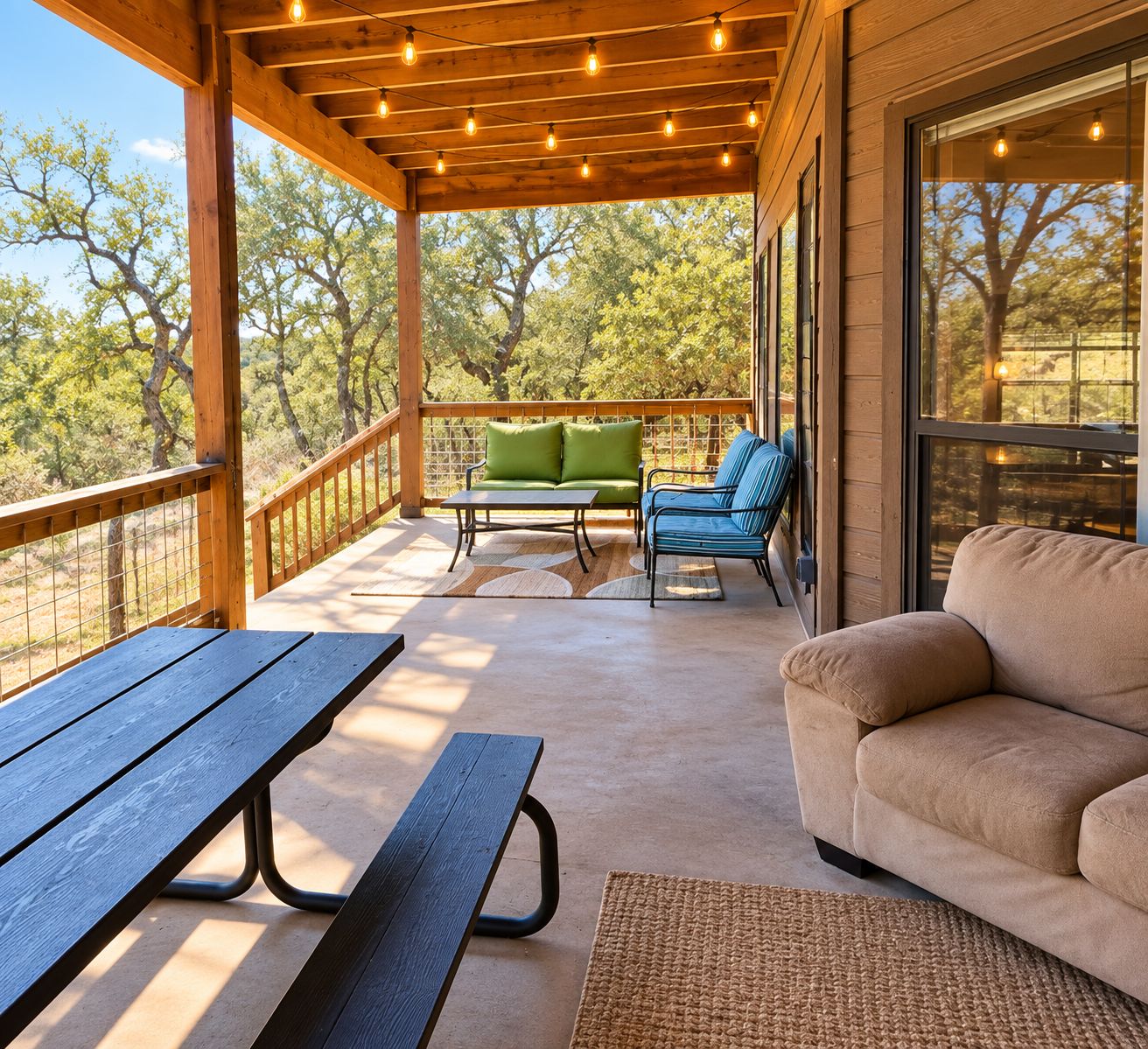 An outdoor patio with a wooden deck, a green sofa, a blue chair, and a beige couch.