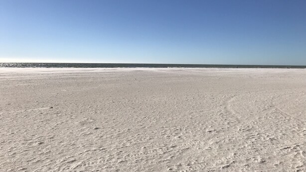 Una extensa playa de arena abierta con cielo azul despejado.