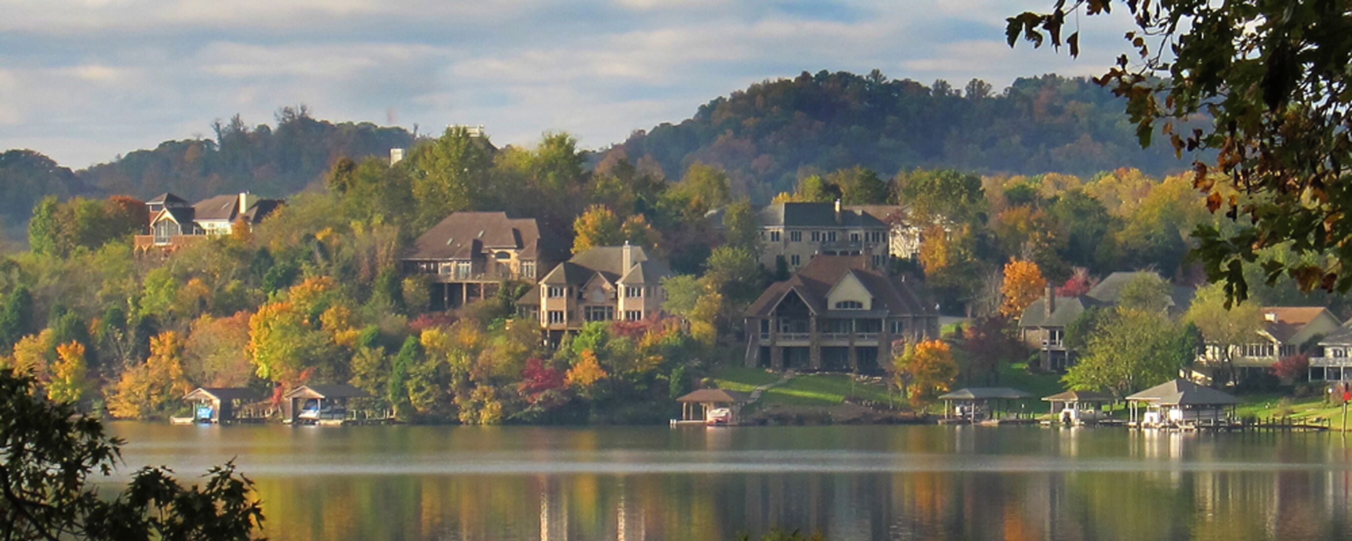 A lakeside residential area with multiple houses, some with large yards and others with docks.