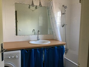 Een bad/douchecombinatie, een haardroger, toiletpapier