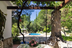 Un patio con una mesa de vidrio, una silla de metal y una planta en maceta.