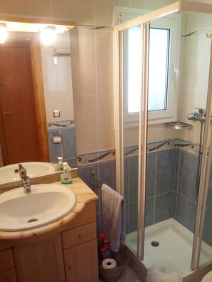 Shower, hair dryer, towels