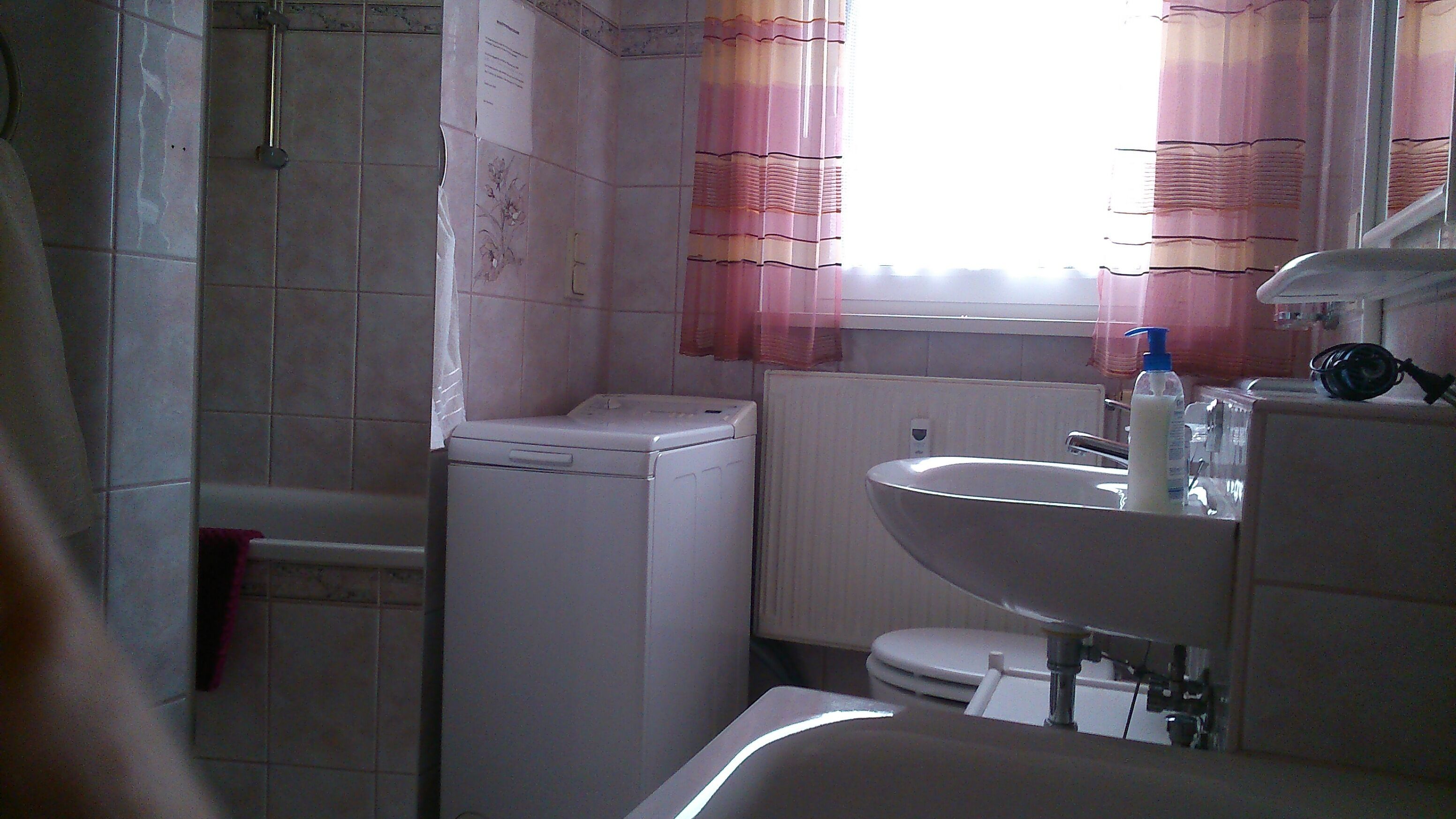 Kylpyhuone, jossa on pesukone, pesuallas ja wc.