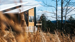 A modern house with a sloped roof, large windows, and a wooden exterior.