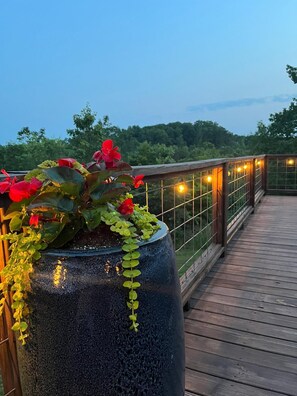 A wooden deck with a railing, a large planter with red flowers, and string lights. - Secluded Modern space, Mountain Views, all year heated Swim Spa & Hot Tub (Trion)