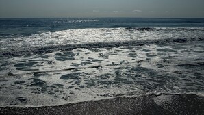 A beach with waves and a clear sky.