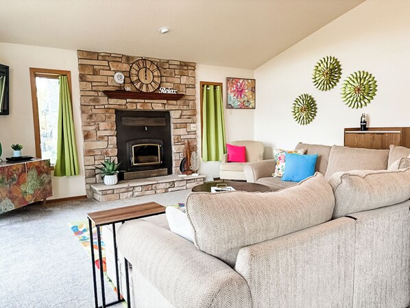 Smart TV, chimenea, reproductor de DVD y libros 