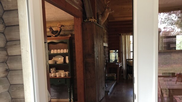 Interior de madera con una puerta de vidrio que da a un espacio al aire libre.