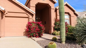 Un bâtiment avec un garage, un grand cactus et des arbustes en fleurs.