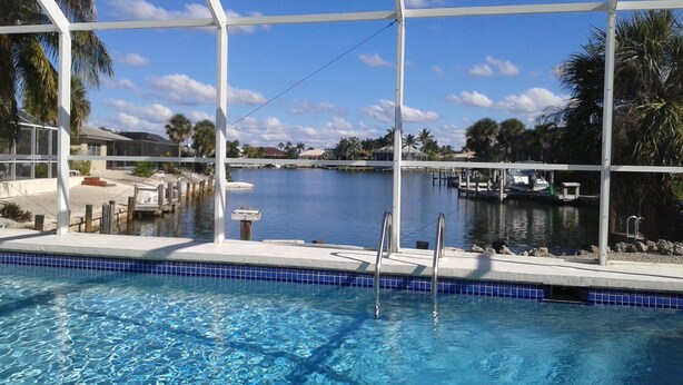 A swimming pool with clear blue water, surrounded by a white fence and palm trees.