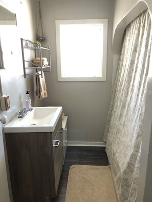 Hair dryer, towels, soap, shampoo