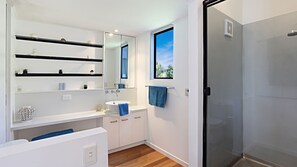 Shower, free toiletries, hair dryer, towels