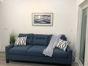 Smart TV, fireplace, books, music library