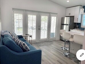 Smart TV, fireplace, books, music library