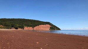 A beach with reddish sand, a clear blue sky, and a forested cliff in the background. - Beautiful, private oceanfront cottage on the Bay of Fundy (Port Williams)