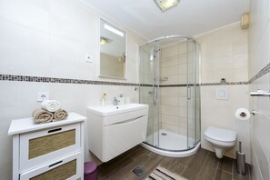 Hair dryer, towels, toilet paper