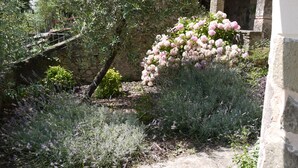 A garden with lavender and pink flowers, stone walls, and a rustic stone building.
