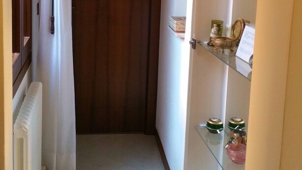 Un pasillo estrecho con una puerta de madera, un radiador, una vitrina de vidrio con objetos decorativos y un cuadro en la pared.