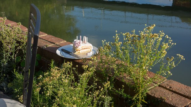 Ein Tisch mit einem angebrochenen Kuchen und Kerzen, vor einer ruhigen Wasseroberfläche und Grünpflanzen.