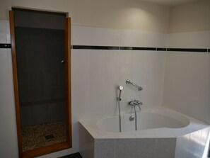 Combined shower/tub, hydromassage showerhead, hair dryer, towels
