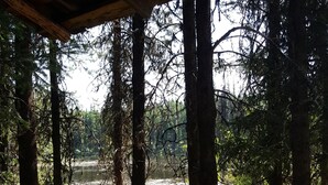 A rustic wooden structure with a view of a forested area and a body of water.