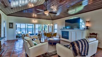 TV connectée, cheminée, livres, chaîne hi-fi