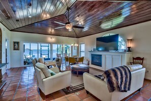 Smart TV, fireplace, books, stereo