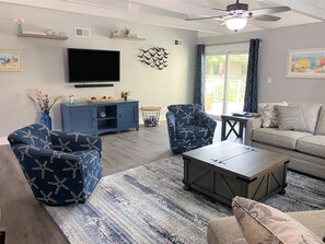 Flat-screen TV, smart speakers