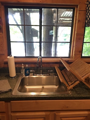 Una cocina con un lavamanos de acero inoxidable, armarios de madera, un ventanal con vistas a árboles y un escurreplatos.