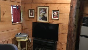 Une pièce chaleureuse aux murs en bois, avec une télévision, une petite table sur laquelle repose une télécommande, et des tableaux encadrés accrochés au mur.