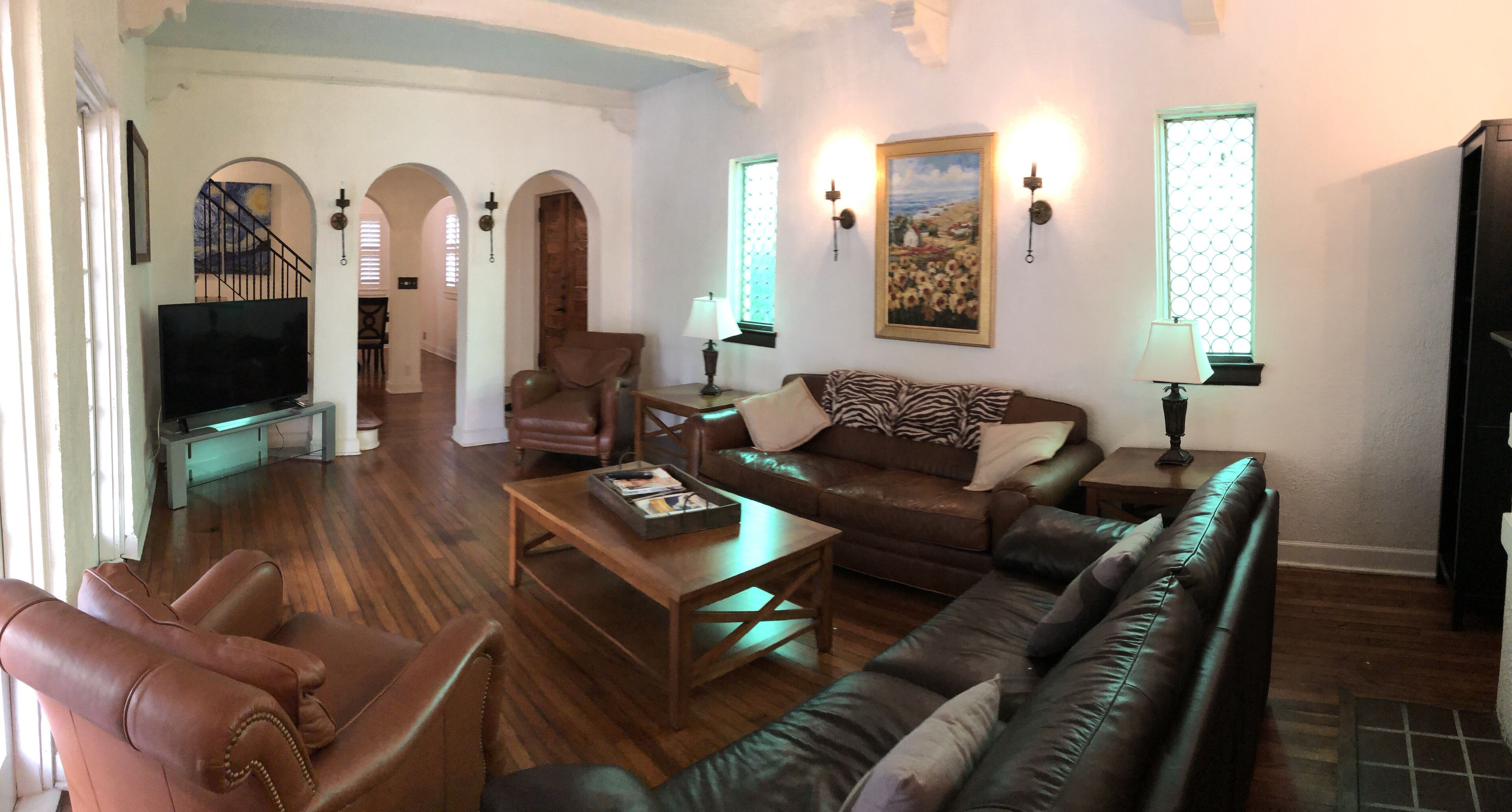 Smart TV, fireplace, books