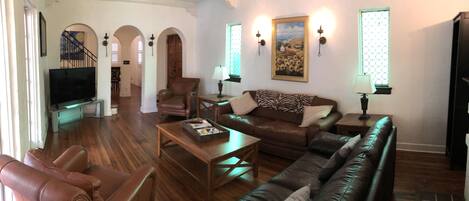 Smart TV, fireplace, books