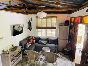 Smart TV, chimenea y libros 
